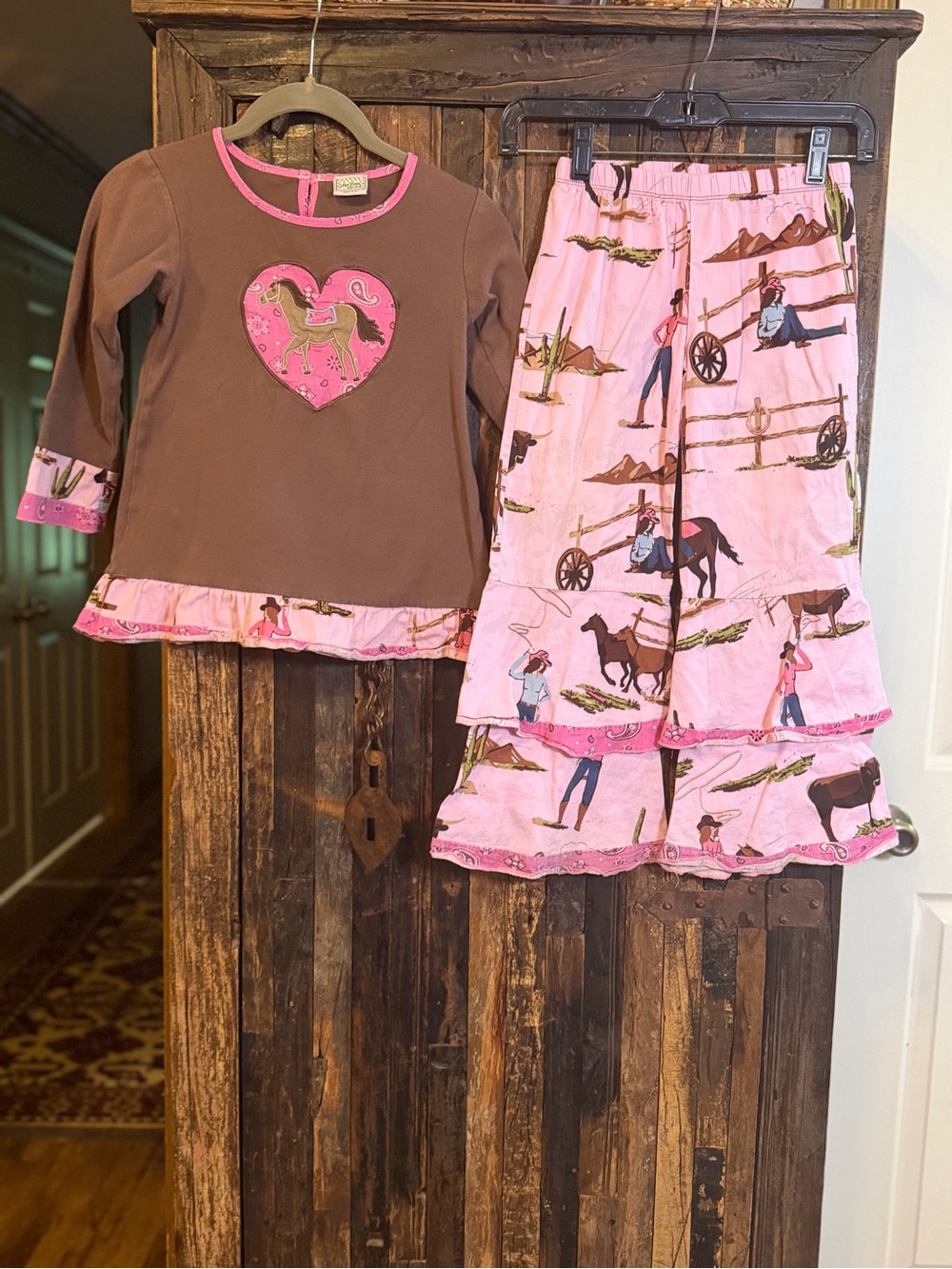 Ann Loren Girls 7/8 Cowgirl Western Horse 2 Piece Ruffle Pants Top Boutique